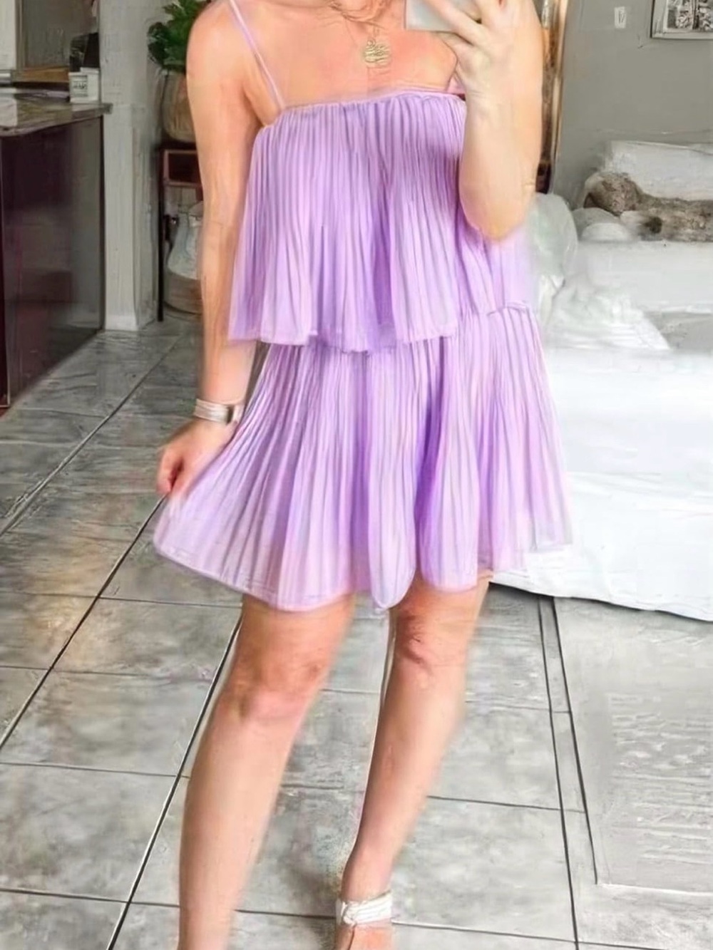 Pleated Lavender Spaghetti-Strap Romper Dress
